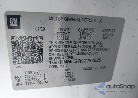 2019 GMC Acadia Slt-1 z USA, uszkodzony, nr VIN 1GKKNMLS7KZ297625